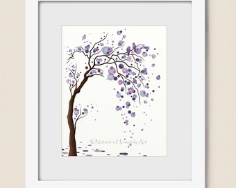 Purple Decor Watercolor Tree Art Print Poster, Abstract Tree Wall Art, Love Birds, Circles Modern Wall Decor 8 x 10 (119)