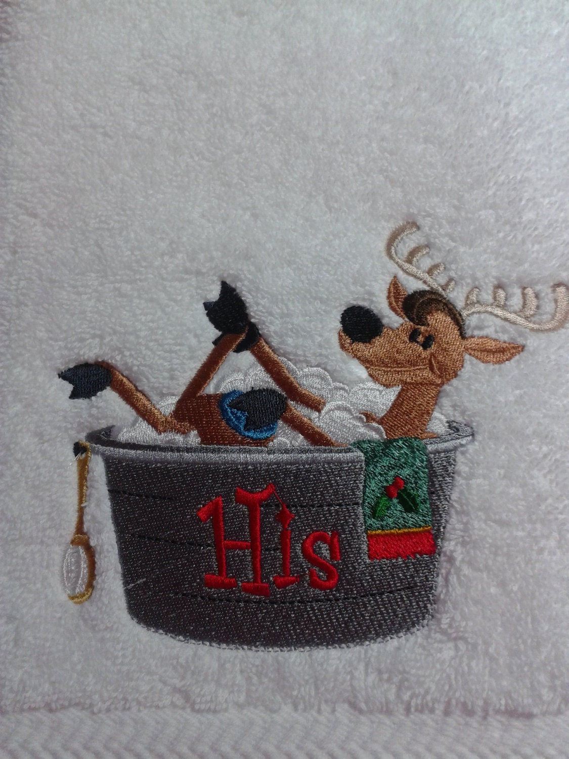 His and Hers Bathing Reindeer Hand Towel by StitchnJEmbroidery