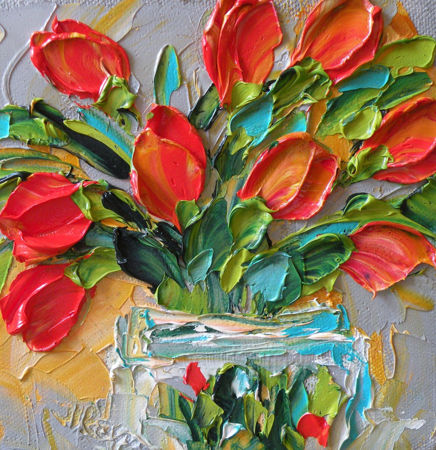 Original Oil Painting Red Tulips Impasto Wall Decor ART