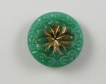 3 Vintage Czech Glass Buttons - Gold Metallic on Green Glass