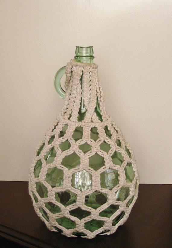 Large Vintage Macrame Wine Bottle with Loop Finger Handle One