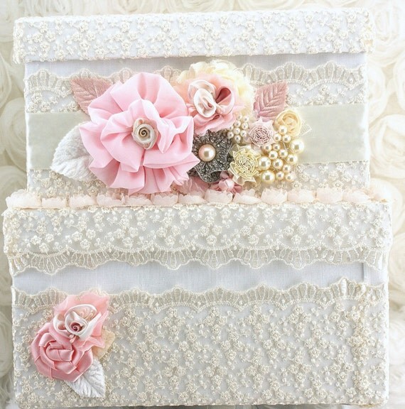 Bridal Card Box Keepsake Wedding Card Box in Ivory and Light Pink with Lace and Pearls