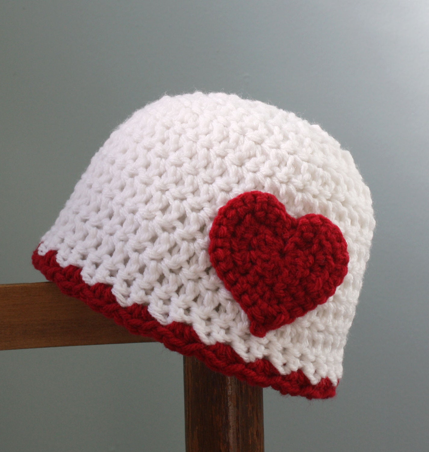 Red Heart Hat Red and White Hat Crochet Beanie by MaryOriginals