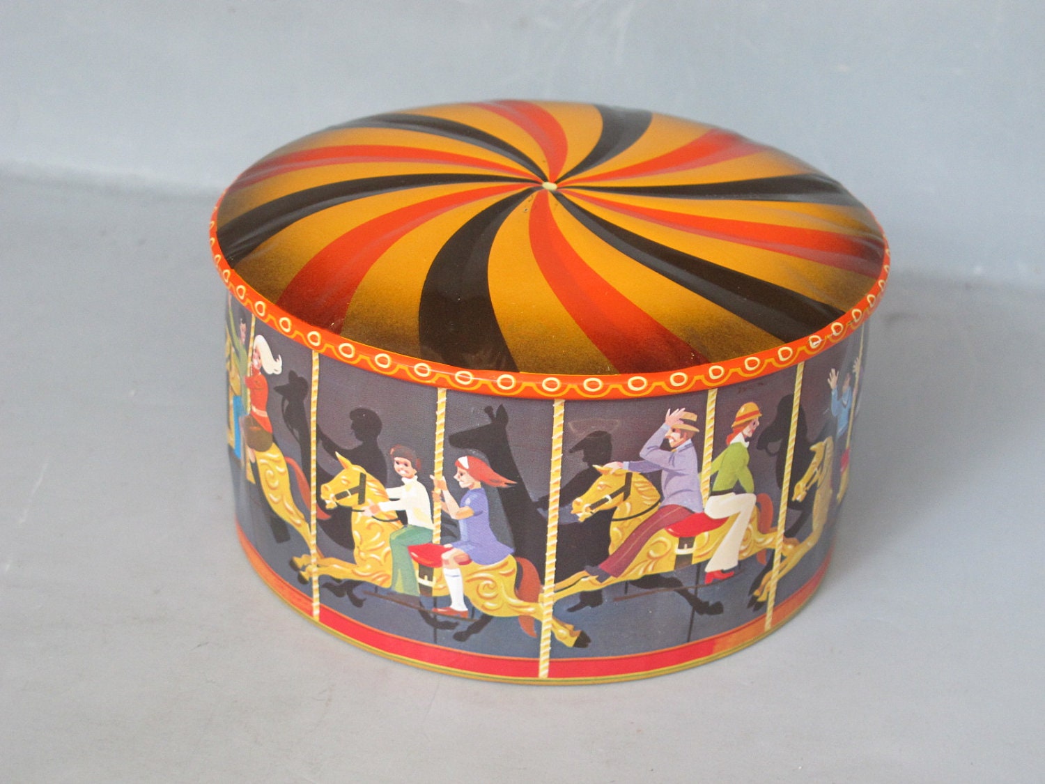 Vintage Cookie Tin / Colorful Carousel Tin Box Embossed Round
