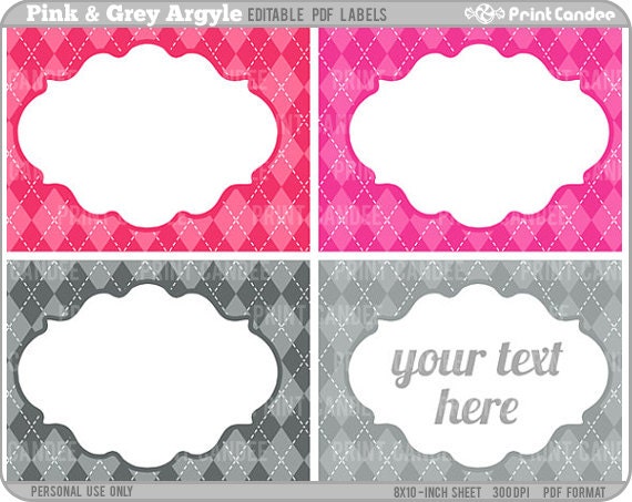 Rectangle Editable PDF 8x10 Pink & Grey Argyle Labels