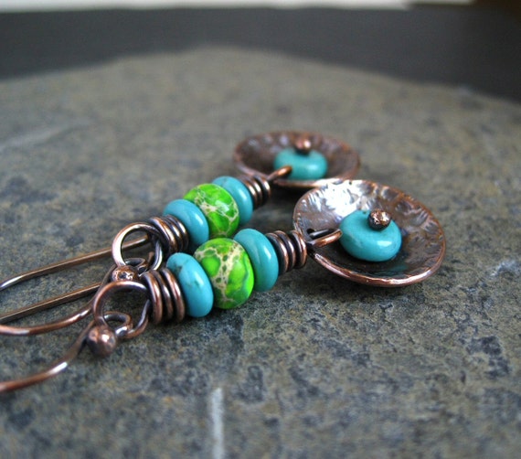 Copper Disc Earrings,turquoise green beaded earrings,wire jewelry ...