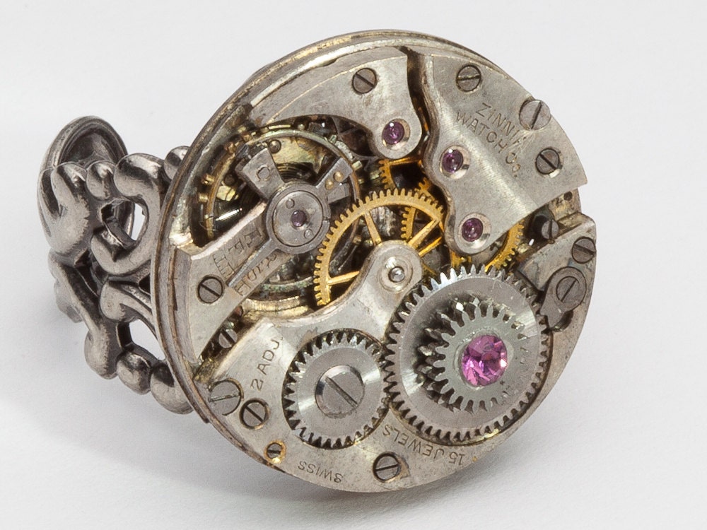 Steampunk Ring vintage watch movement gears purple crystal Neo