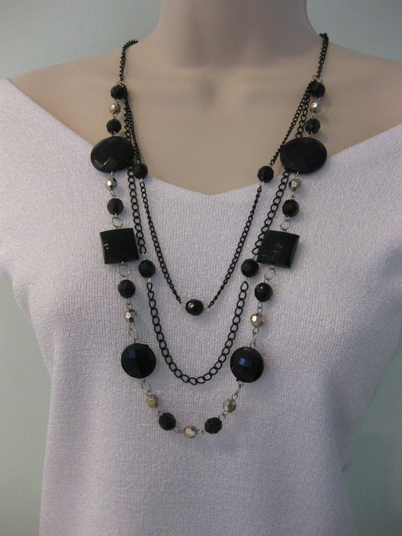 Long Chunky Black Beaded Necklace Multi Strand Black and