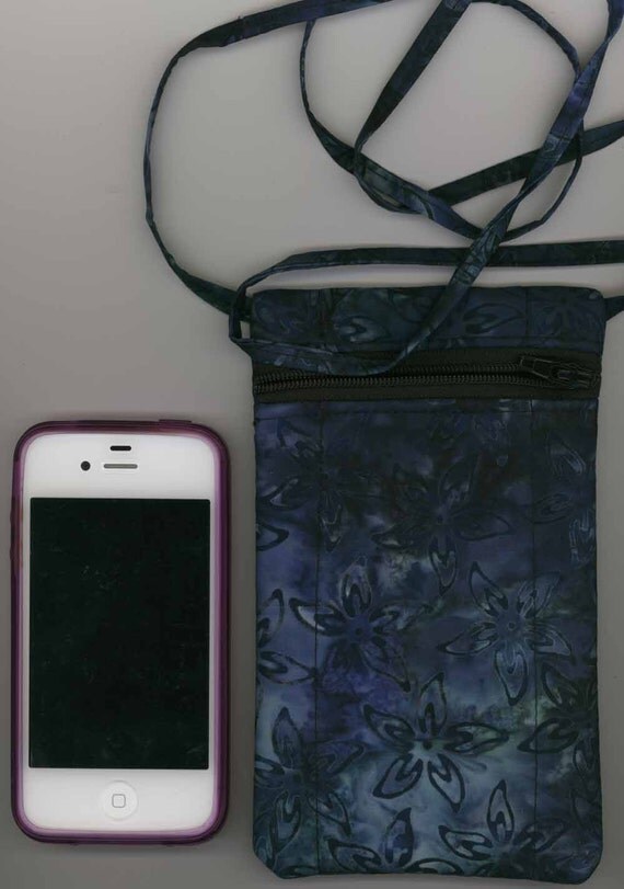 long phone strap for Quilted Strap Long   Blue Zippered Batik, Cell  Phone Bag Cotton,