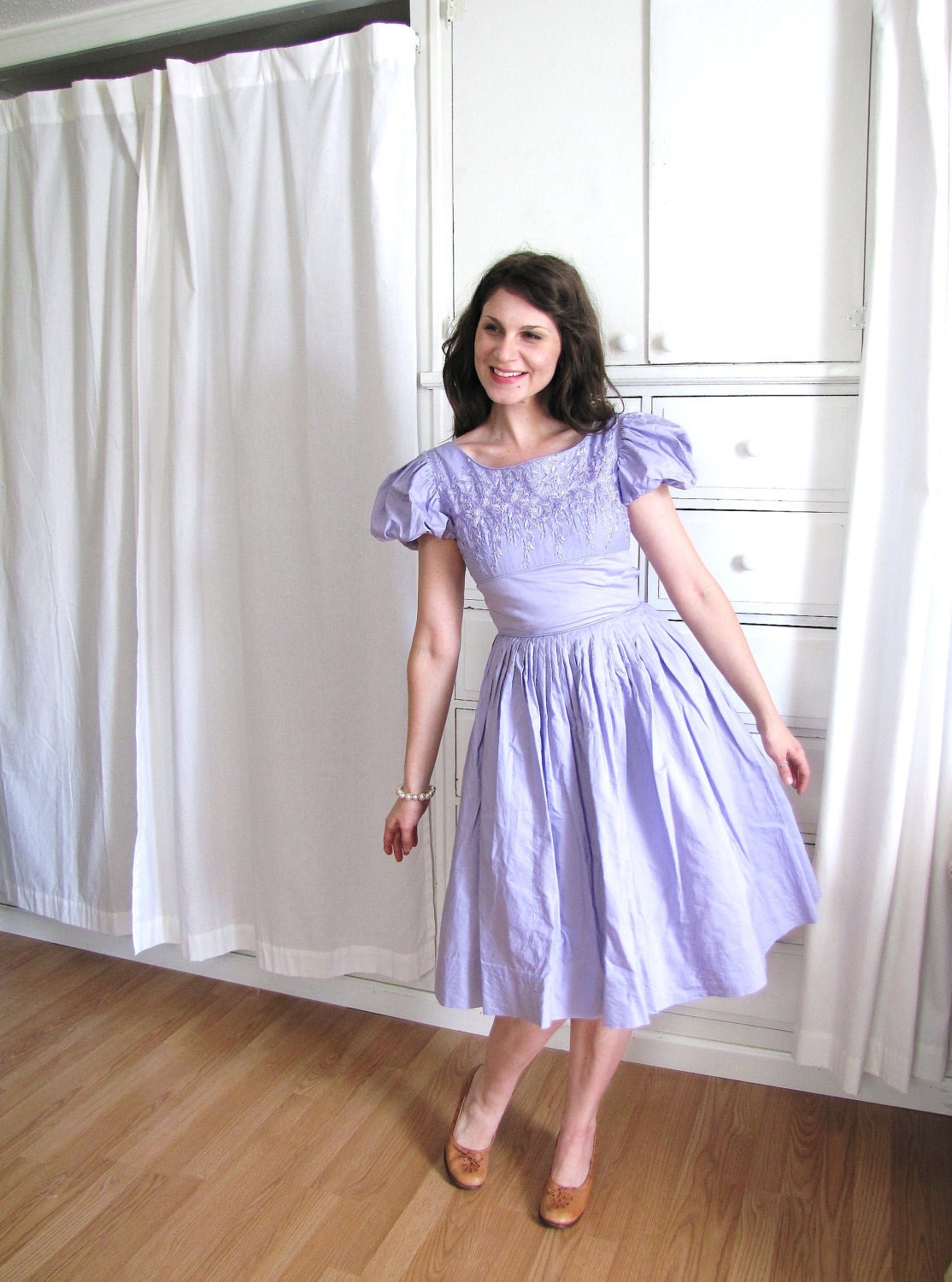 1950s Dress Lavender Dress Puffy Sleeves 50s Dress