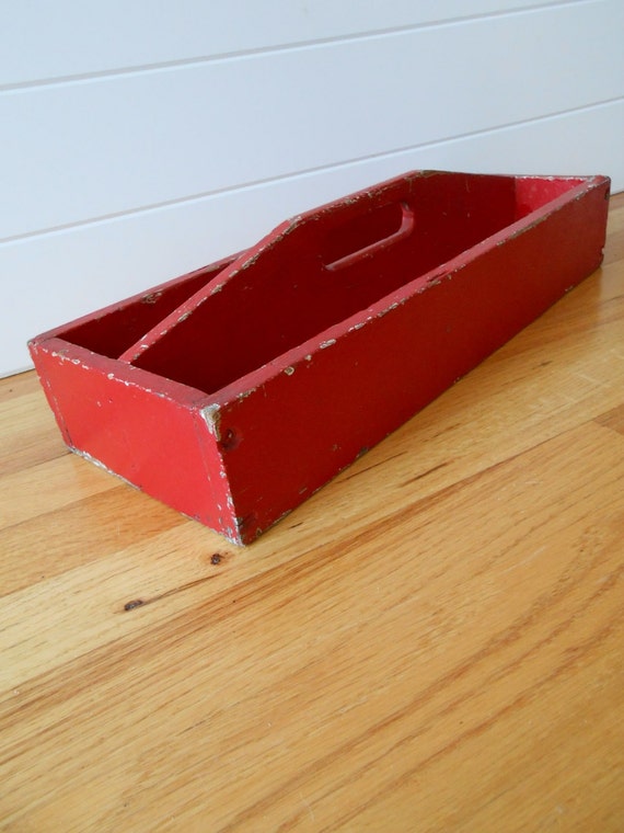 Vintage Red Painted Wooden Tote Box / Handcrafted