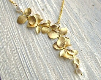 Bridesmaid Necklace, Gold Orchid Flowers with Freshwater Pearls, Bridal, Lariat Necklace, Wedding Jewelry