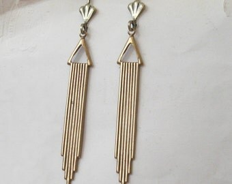 Gold Art Deco Earrings, Geometric Earrings, Dangle Earrings, Antiqued Brass, Deco Wedding, Plated or Gold Filled Wires