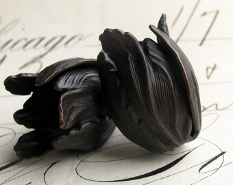 Black Tulip bead cap - dark antiqued brass flowers (2 bead caps) flourish petal, trumpet floral, aged patina