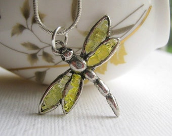 Dragonfly Necklace, Yellow Dragonfly, Stained Glass Dragonfly, Silver Dragonfly