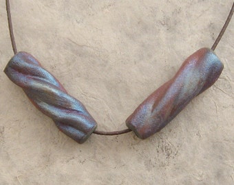 Raku Ceramic Beads - Pair of Blue/Bronze Short Twisted Tube Beads