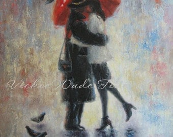 Kiss After Work Art Print, lovers in rain wall art, kissing in the rain paintings, couples kissing red umbrella wall decor Vickie Wade