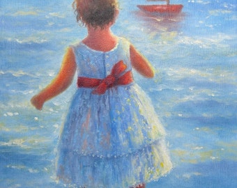 Little Beach Girl Art Print, beach girl paintings, beach wall decor, blue girls room, childrens wall art, Vickie Wade Art