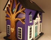 Large Wedding Card Box Birdhouse with Heart Carved Tree Purple and Teal