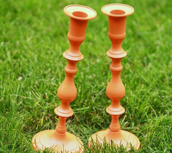 Orange candle holders upcycled by StayaFLOAT on Etsy