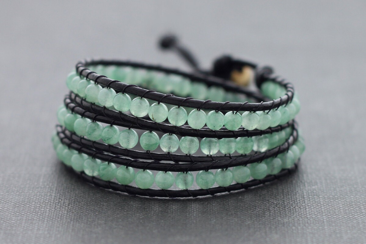 Jade Black Leather Wrap Bracelet