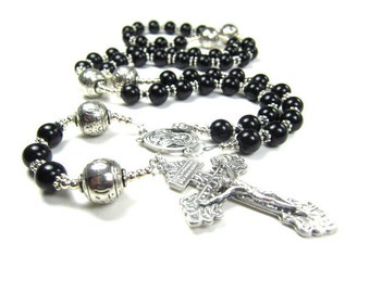 Black Rosary Necklace in Onyx and Silver Tribal Beads