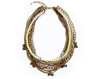 Multi Chain Statement Necklace, Multistrand Layering Necklace, Pearl Rhinestone Necklace