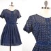 Vintage 50s 60s navy blue sheer Eyelet LACE mini dress / Full skirt with belt / size 32 inch waist
