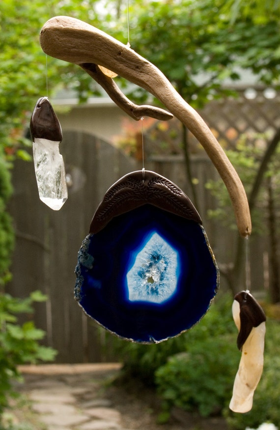 Driftwood sun catcher / mobile with agates and crystal. FREE