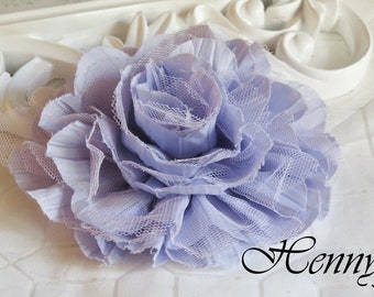 1 pc New Large Shabby Chic Frayed Wrinkled Cotton Voile and Tulle Rose Fabric Flower - Lavender