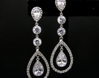 bridal wedding Clear white teardrop AAA cubic zirconia on teardrop cz white gold post earrings with double circular cz connectors