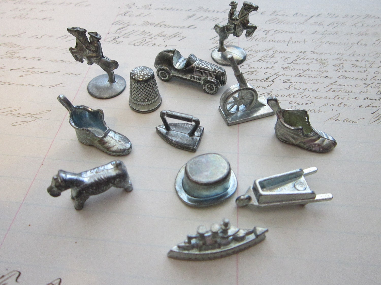 12-vintage-monopoly-pieces-cast-metal-extra-horse-and-shoe