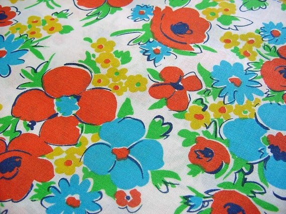 Vintage 70s Fabric Fun Poppy Floral in Bright Orange Blue