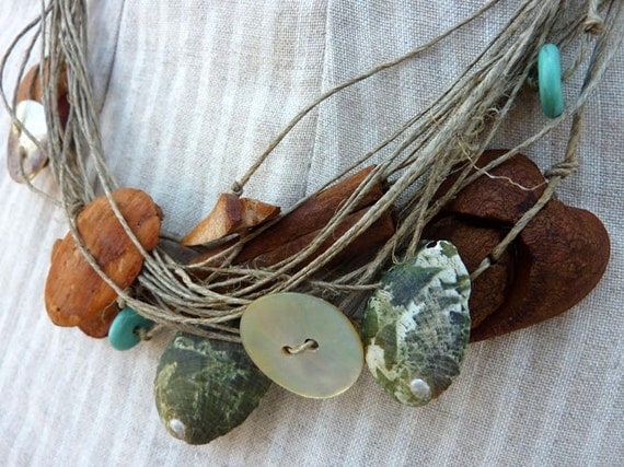 Artistic Handmade Avocado Seed with Shell Linen Necklace with blue turquoise drops Boho Style