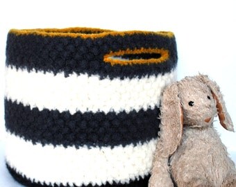 Kids Storage Basket - Wool Felt Basket - Pewter And White Striped With Black Bottom And Mustard Yellow Trim