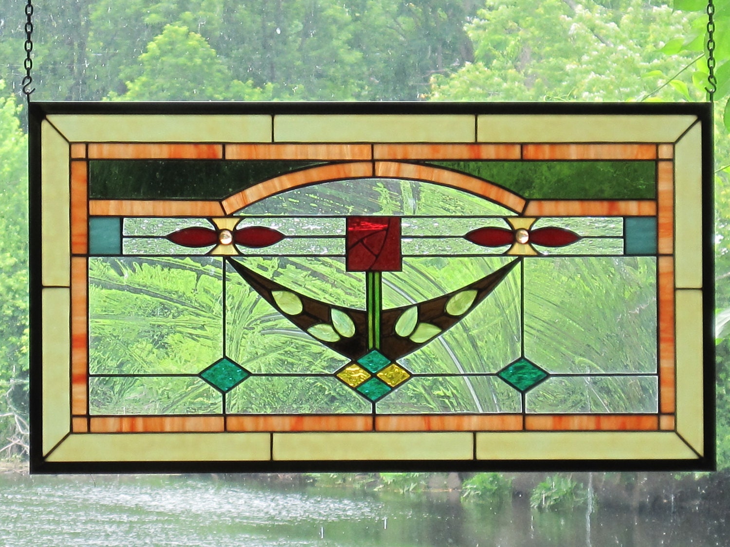 Stained Glass Arts and Crafts MacIntosh Rose Window Panel