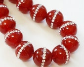 Carnelian Round Beads, Orange With Rhinestone Embeded Beads,  14mm  (2) Pieces, Natural Stone For  Jewelry Projects