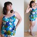 SALE Plus Size Vintage 1960s Swim Suit Blue and White Flowers Psychadelic Pattern // Summer Burst Bathing Suit // Size 14/16/18