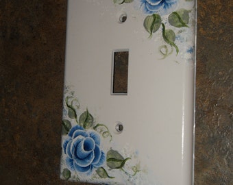 Shabby Cottage Chic Hand Painted Blue Rose Light Switch Cover