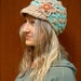 BOHEMIAN Slouchy Beanie crochet slouch hat FLOWER cap NEWSBOY hat interwoven pattern Hippie gypsy funky hat blue beige made to order