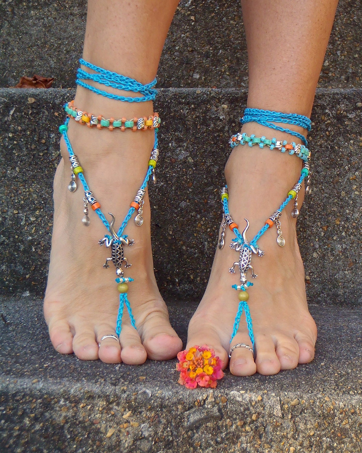 GECKO Lizard BAREFOOT SANDALS Blue Crochet Sandals Anklets