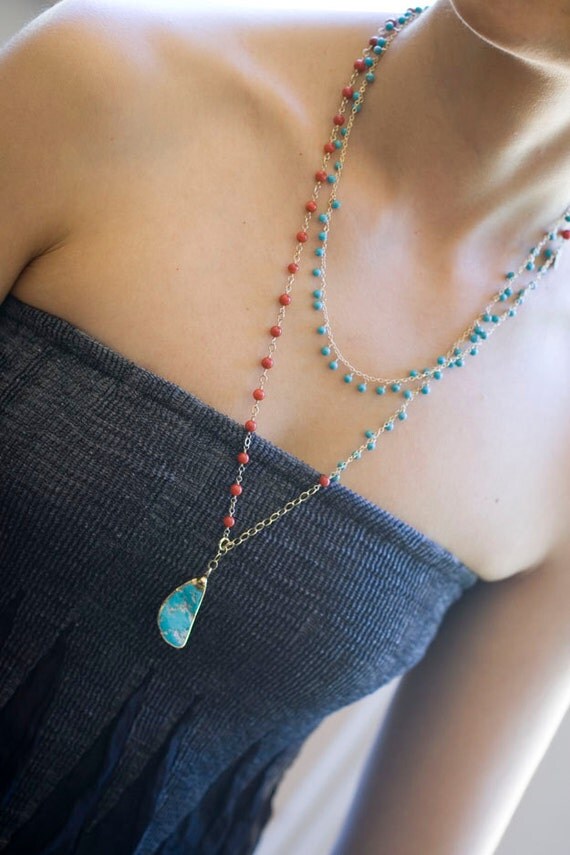 Turquoise And Red Coral Beaded Necklace Raindrops Long