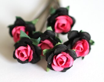 Rocker Chic, Bridal Wedding Hair Accessories, Bridesmaid Hair Flower, Hot Pink and Black Paper Flower, Brass Bobby Pin - Set of 6
