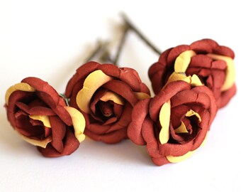 Cactus Rose, Bridal Hair Accessories, Bridesmaid Hair Accessory, Burnt Orange Hair Flower, Brass Bobby Pin Set of 4