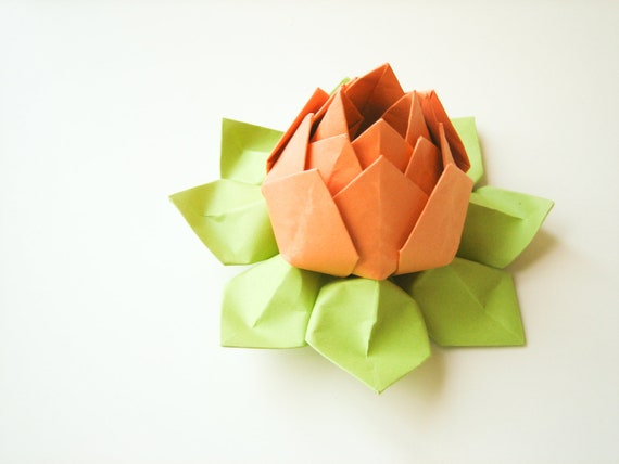 origami flower petal box Handmade Origami table  Lotus  Green Orange,  Flower decoration  Apple