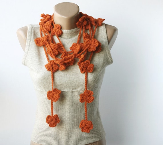 Lariat scarf crochet flower long necklace floral fall fashion