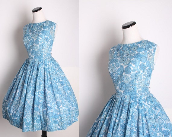 Vintage 1950s Blue Paisley Cocktail Dress / Dress / Dresses