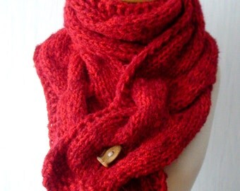 Red Chunky Scarf Big Winter Cabled Cowl Hand Knitted