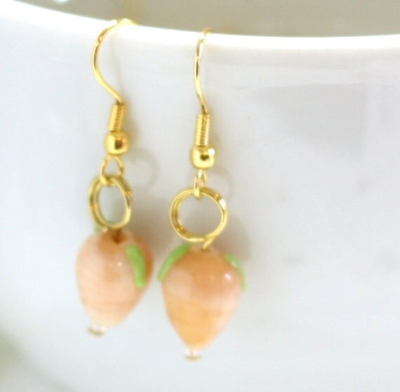 Glass Charm Earrings Peach Pear Lampwork Bead Earring