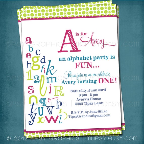 ABC Colorful Alphabet Birthday Party Invitation. Any colors and text by Tipsy Graphics Il_570xn